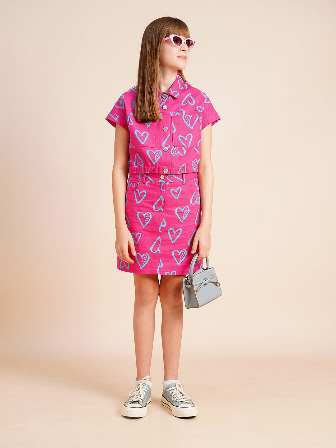 Girls Pink Heart Print Co-Ord Set Shirt