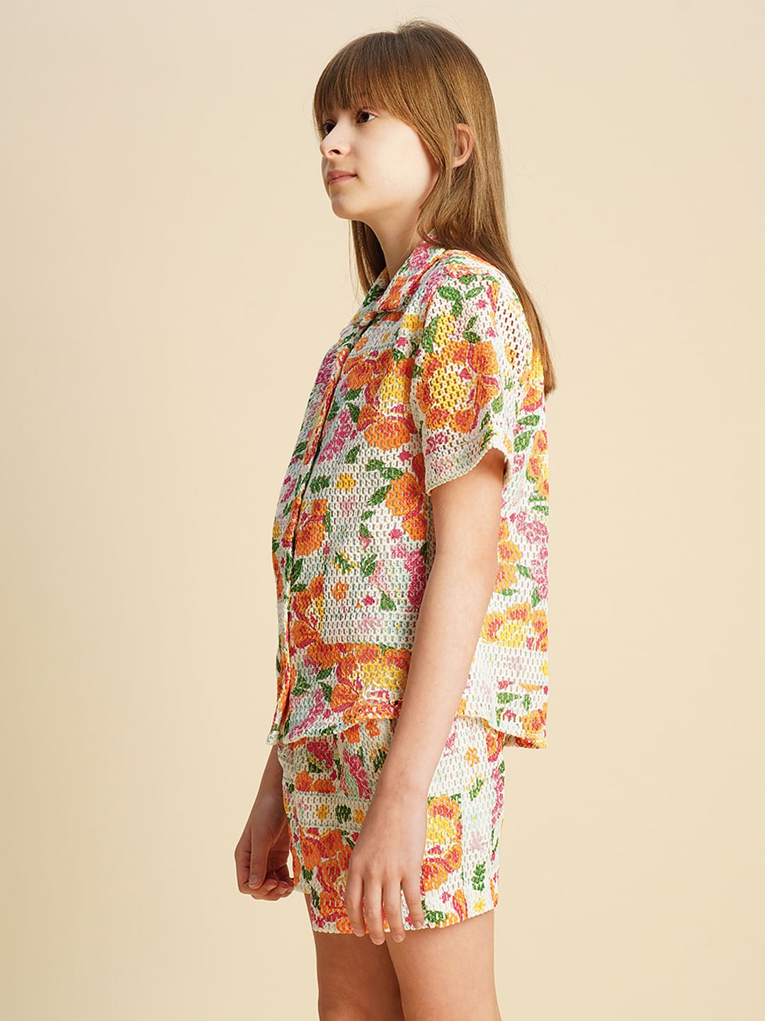 Girls Multi-Colour Crochet Printed Shirt