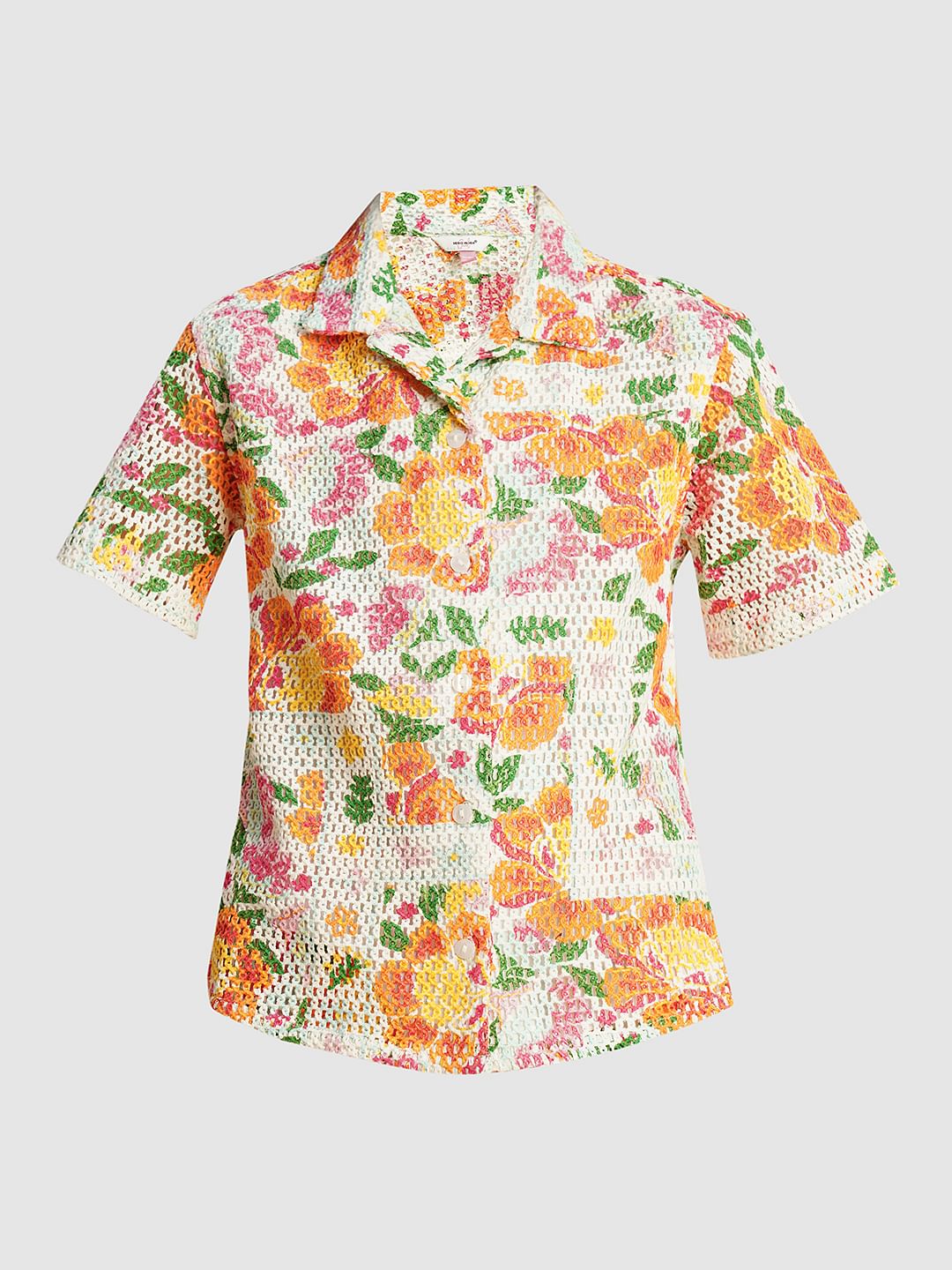 Girls Multi-Colour Crochet Printed Shirt