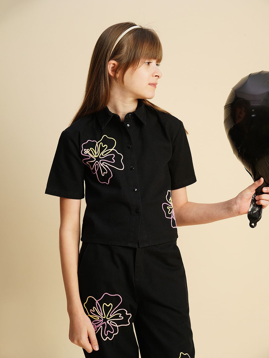 Girls Black Cording Detail Co-Ord Set Shirt