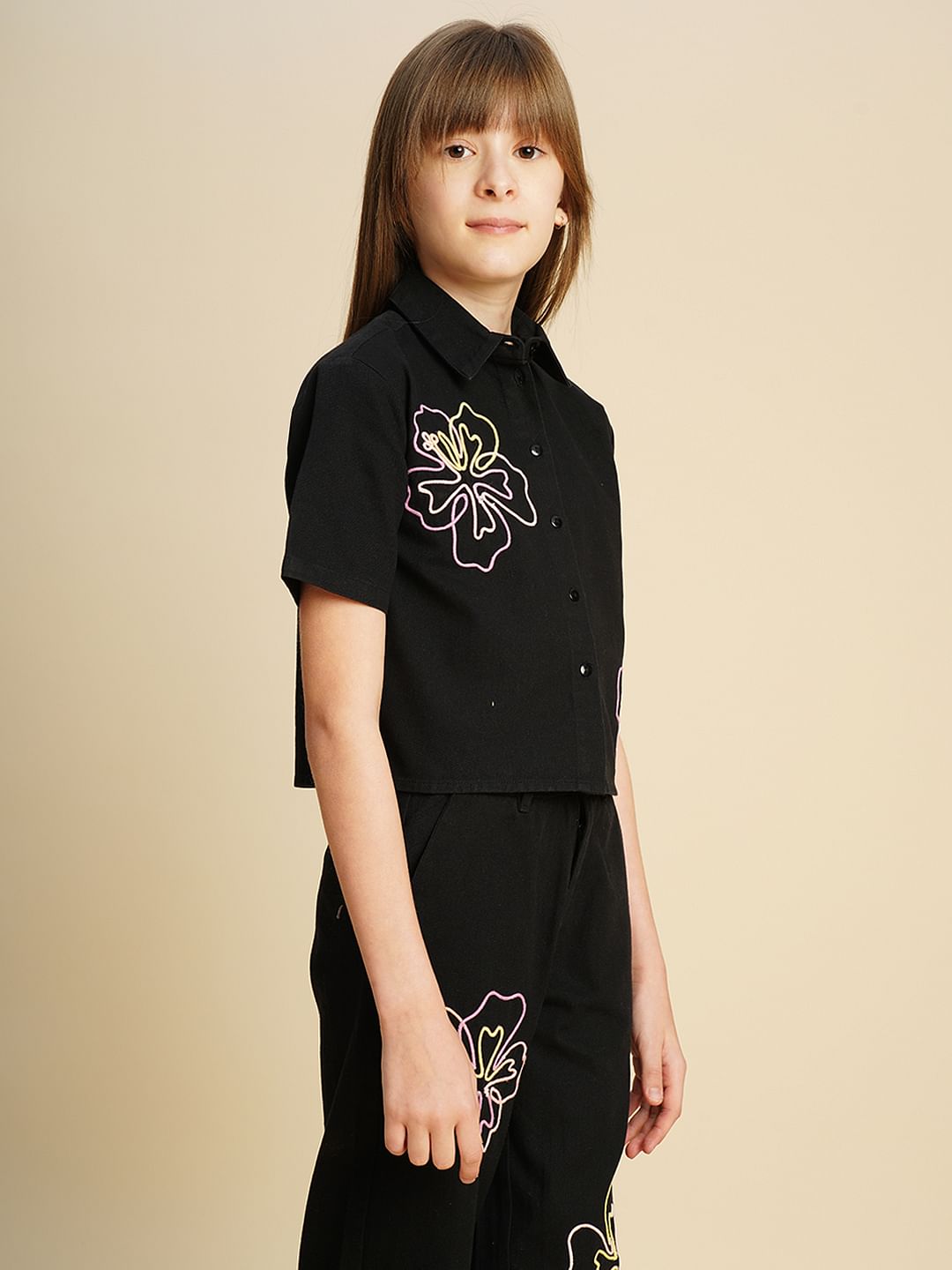 Girls Black Cording Detail Co-Ord Set Shirt