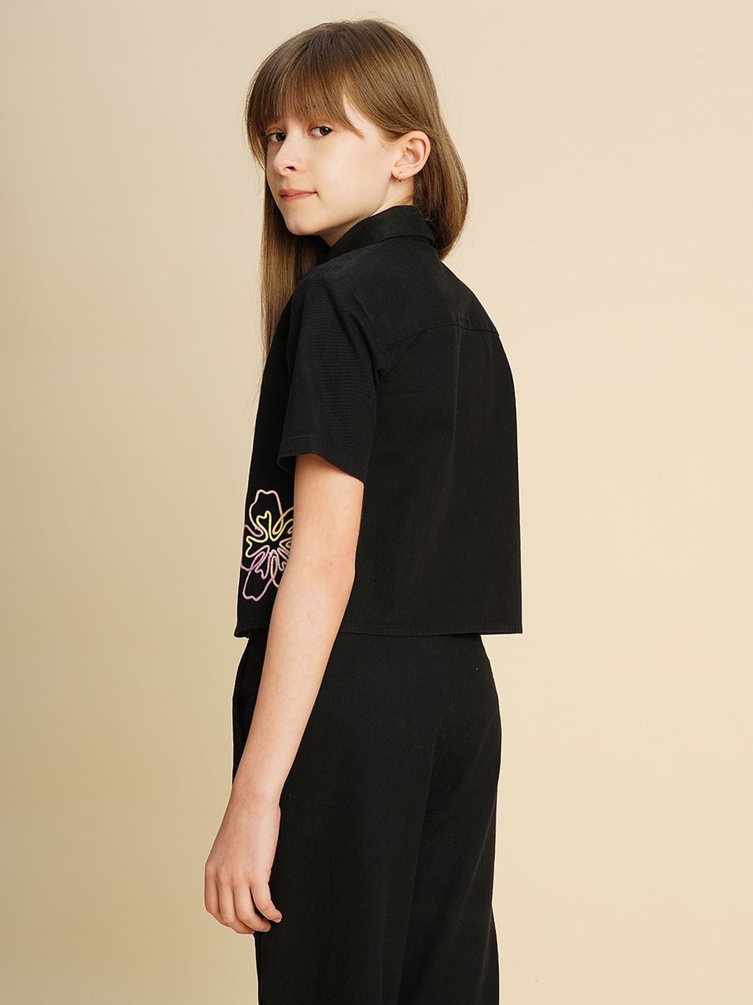 Girls Black Cording Detail Co-Ord Set Shirt