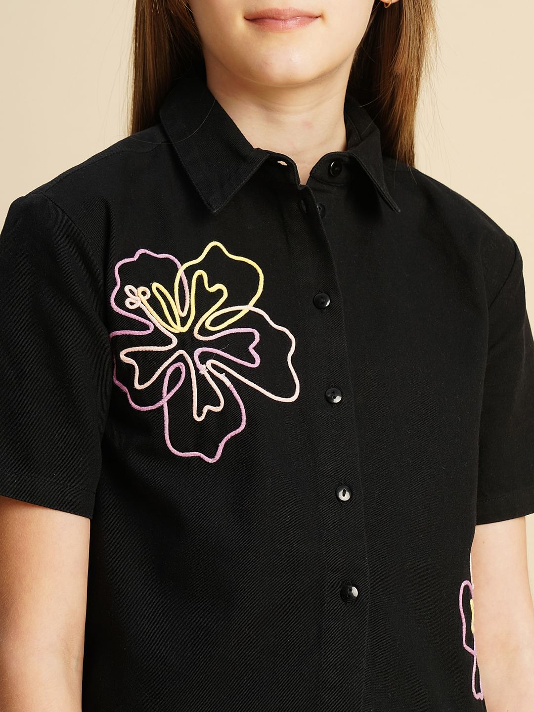 Girls Black Cording Detail Co-Ord Set Shirt