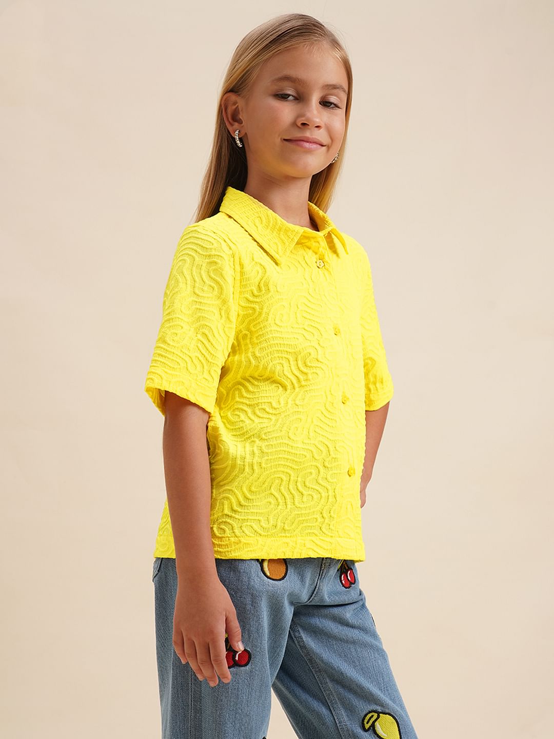 Girls Yellow Cotton Short Sleeves Shirt