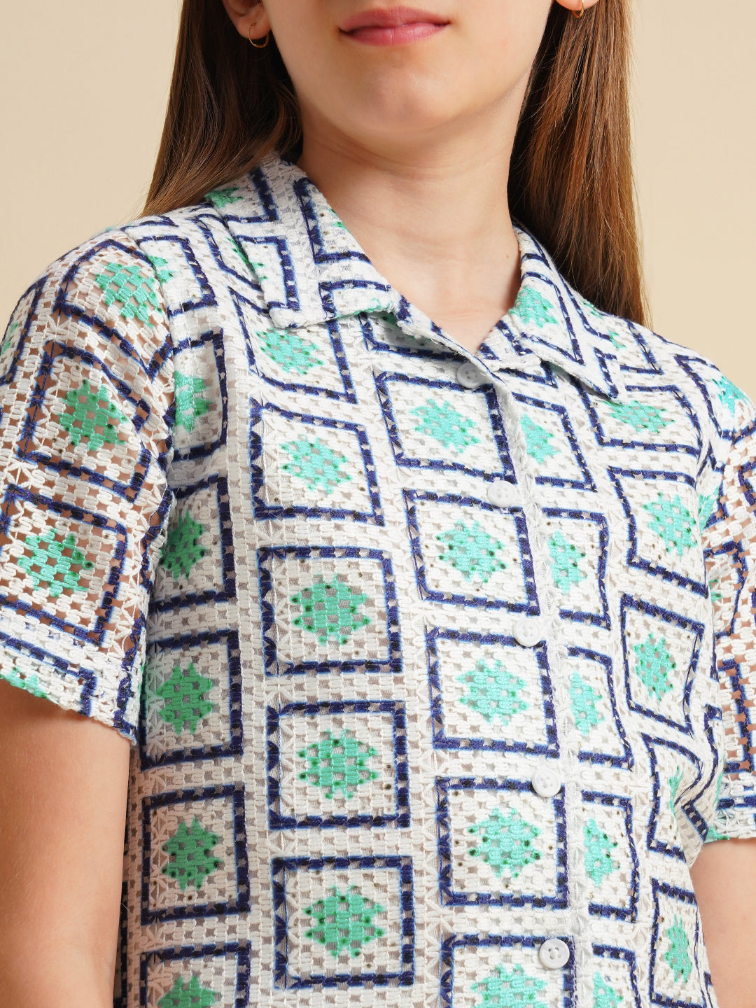 Girls White Printed Crochet Shirt