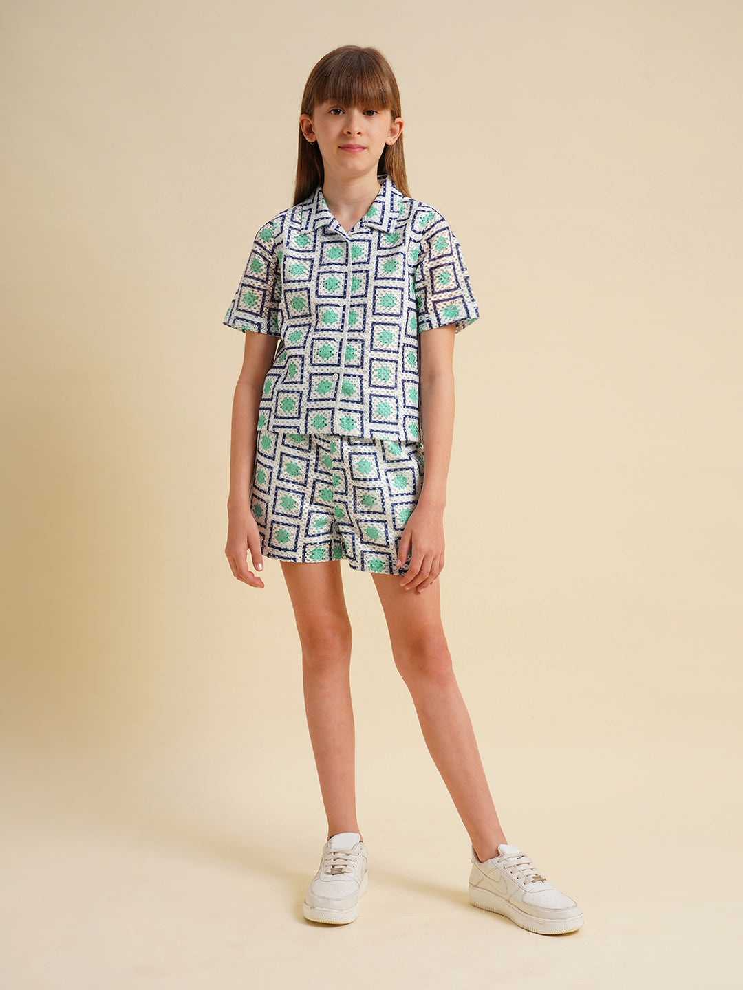Girls White Printed Crochet Shirt