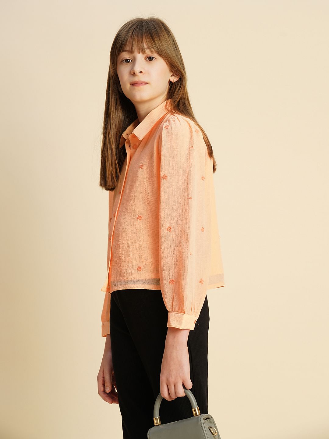 Girls Peach Embroidered Shirt