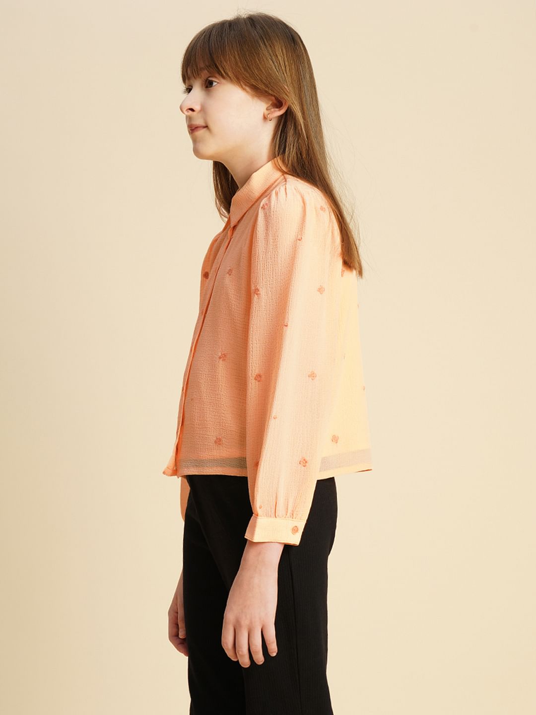 Girls Peach Embroidered Shirt