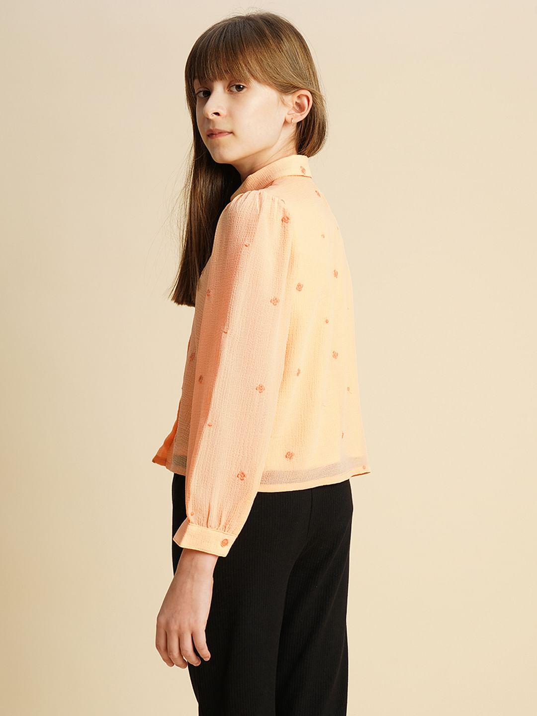 Girls Peach Embroidered Shirt