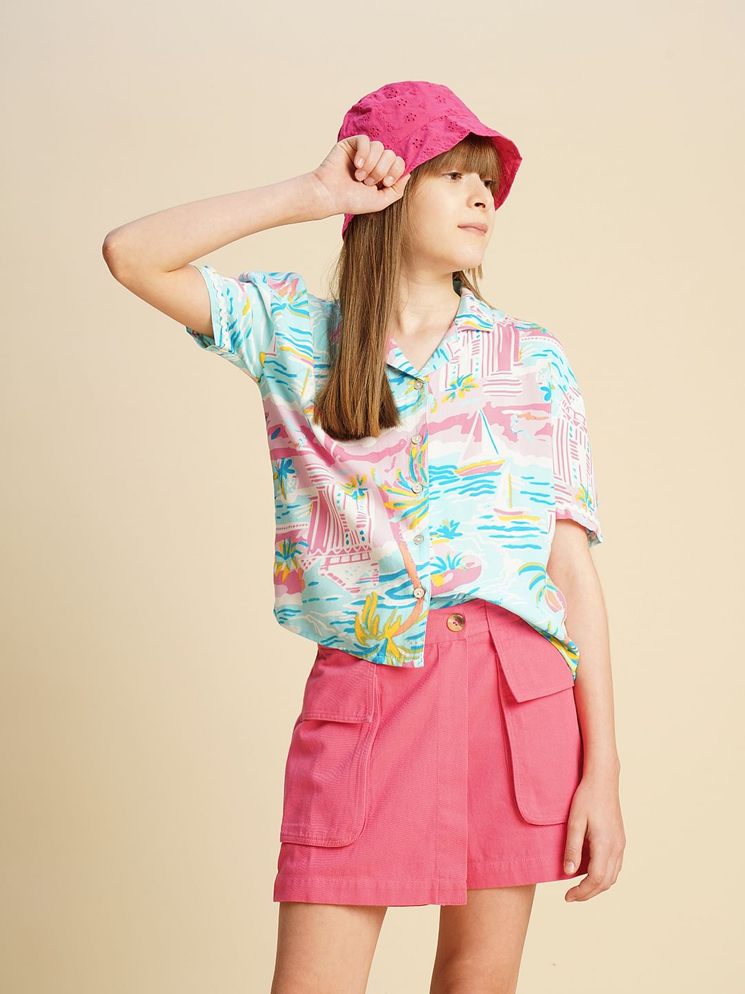 Girls Blue Printed Viscose Shirt