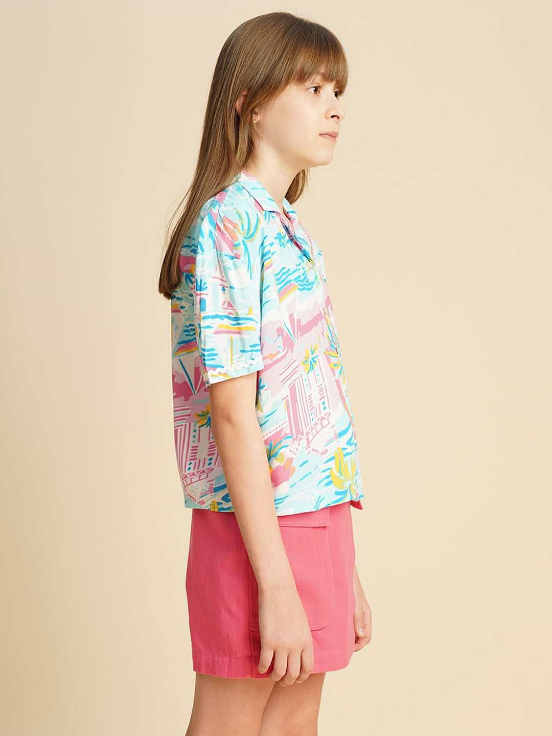 Girls Blue Printed Viscose Shirt