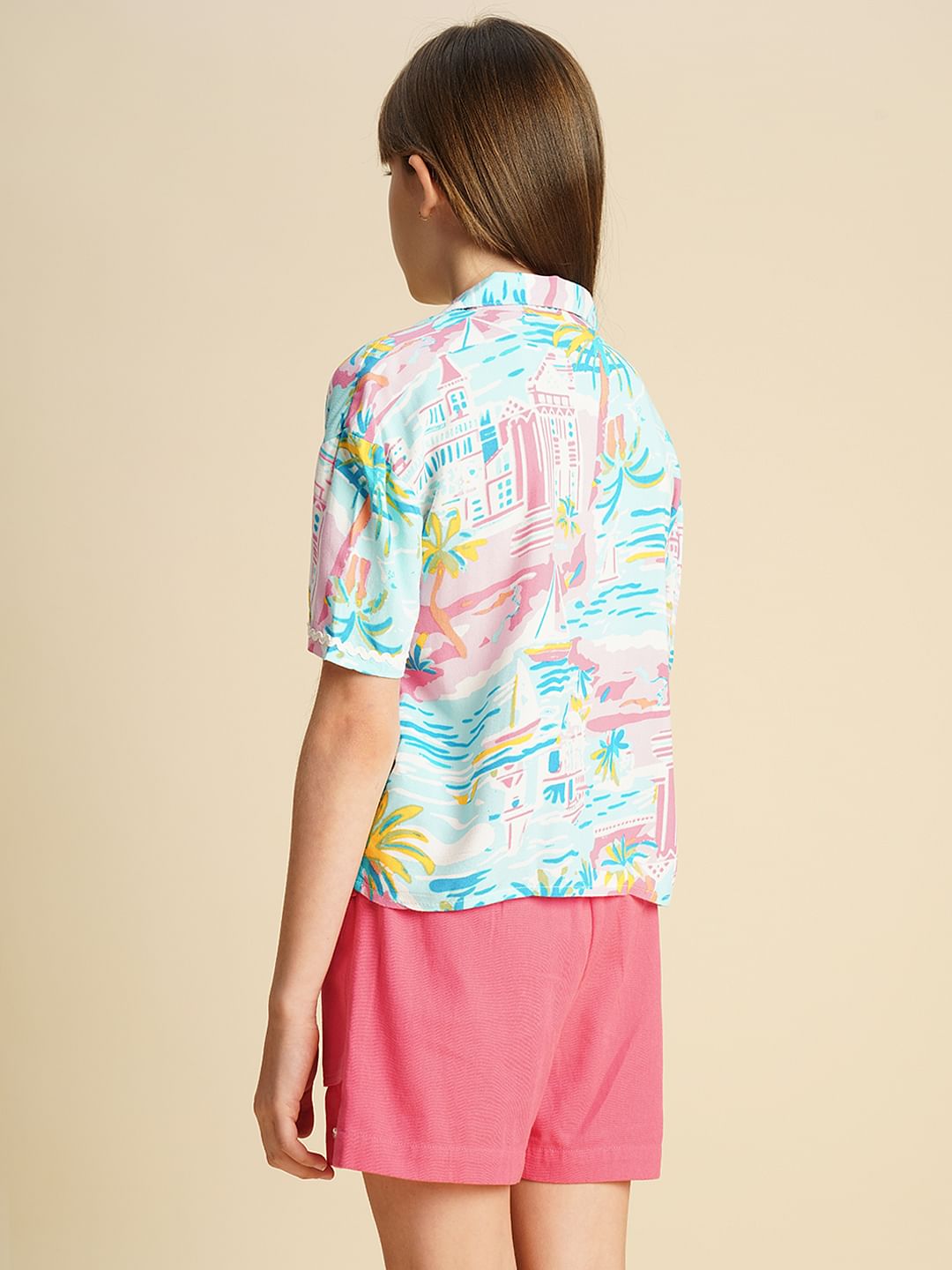 Girls Blue Printed Viscose Shirt