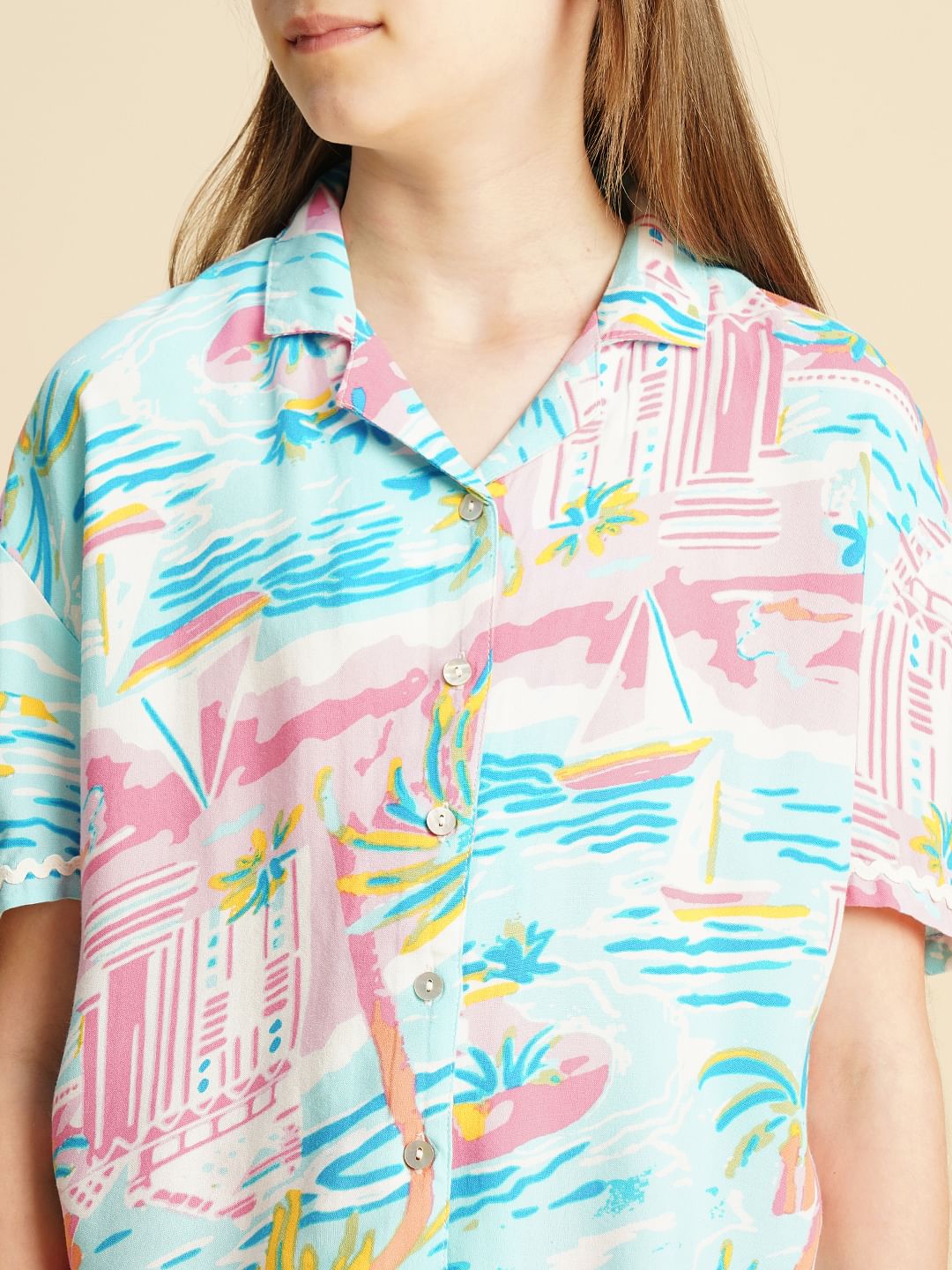 Girls Blue Printed Viscose Shirt