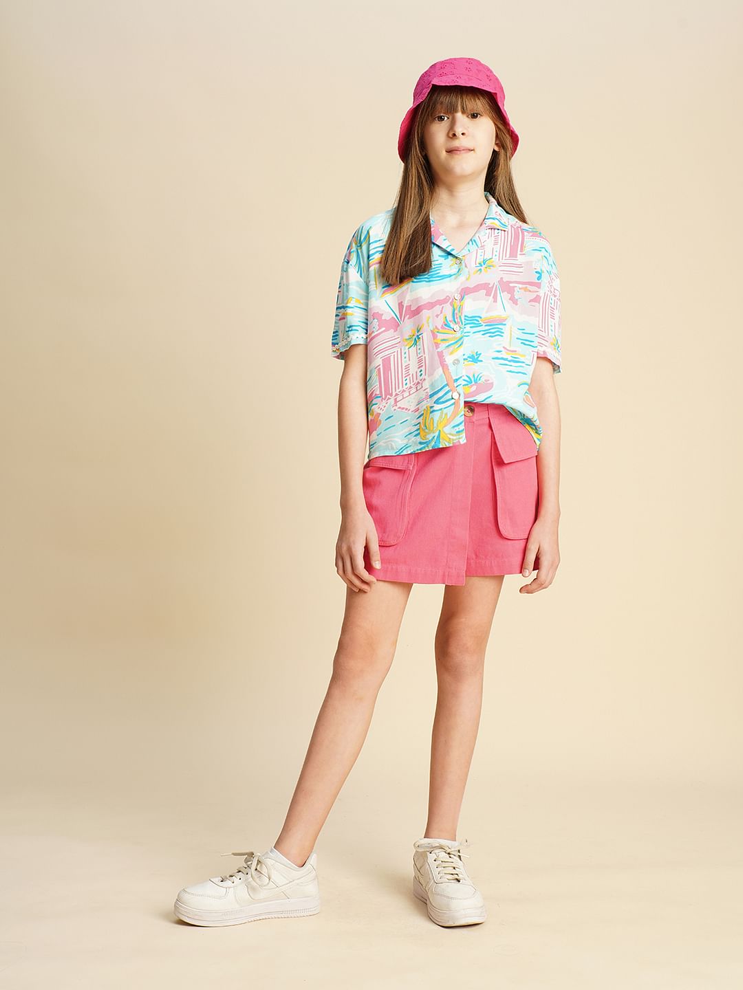 Girls Blue Printed Viscose Shirt