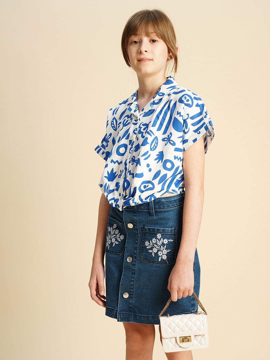 Girls Blue Printed Twisted Knot Shirt