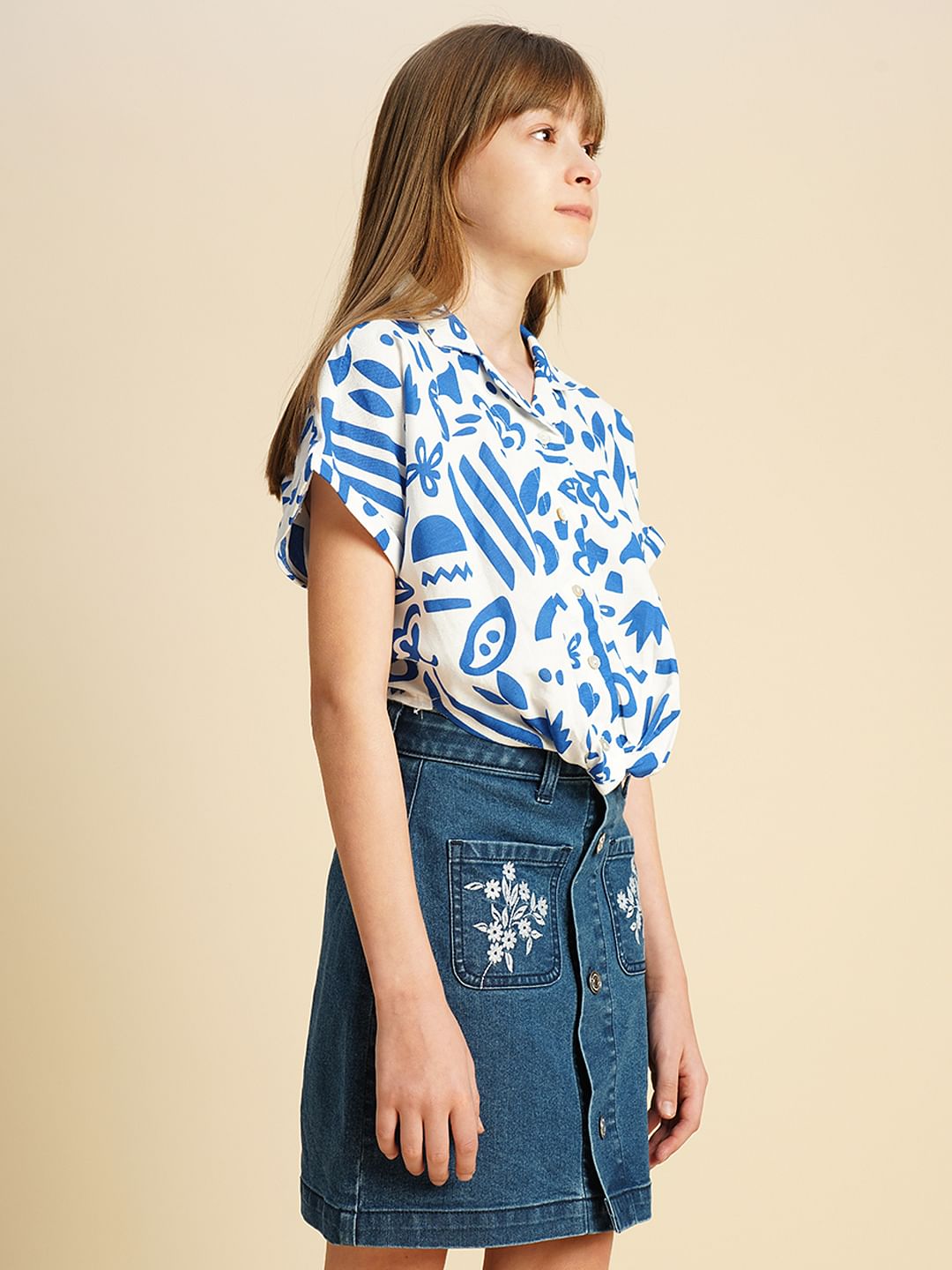 Girls Blue Printed Twisted Knot Shirt