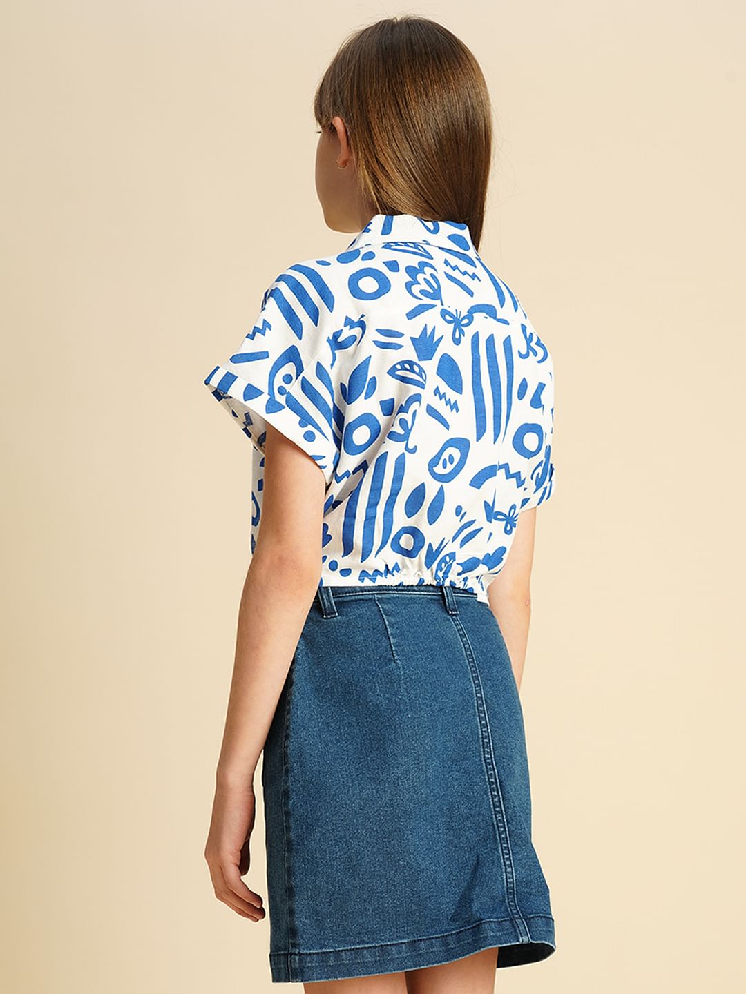 Girls Blue Printed Twisted Knot Shirt