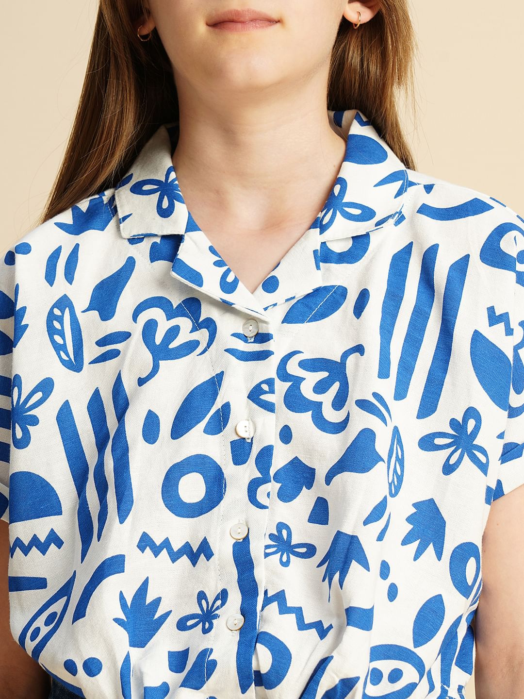 Girls Blue Printed Twisted Knot Shirt