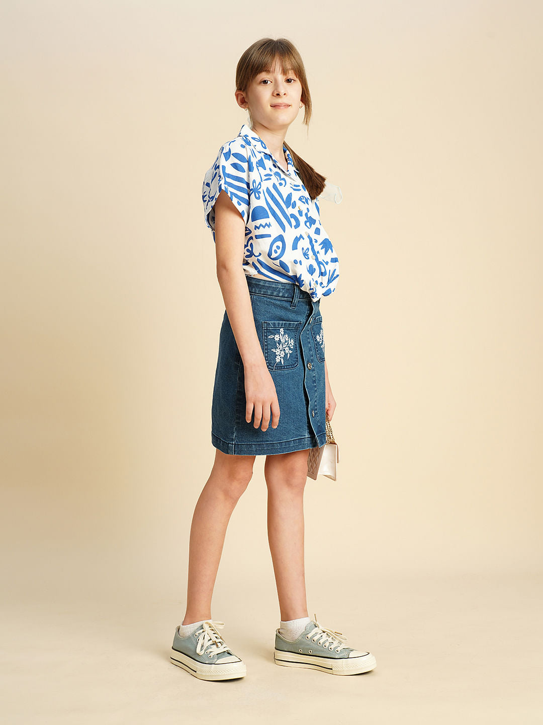 Girls Blue Printed Twisted Knot Shirt