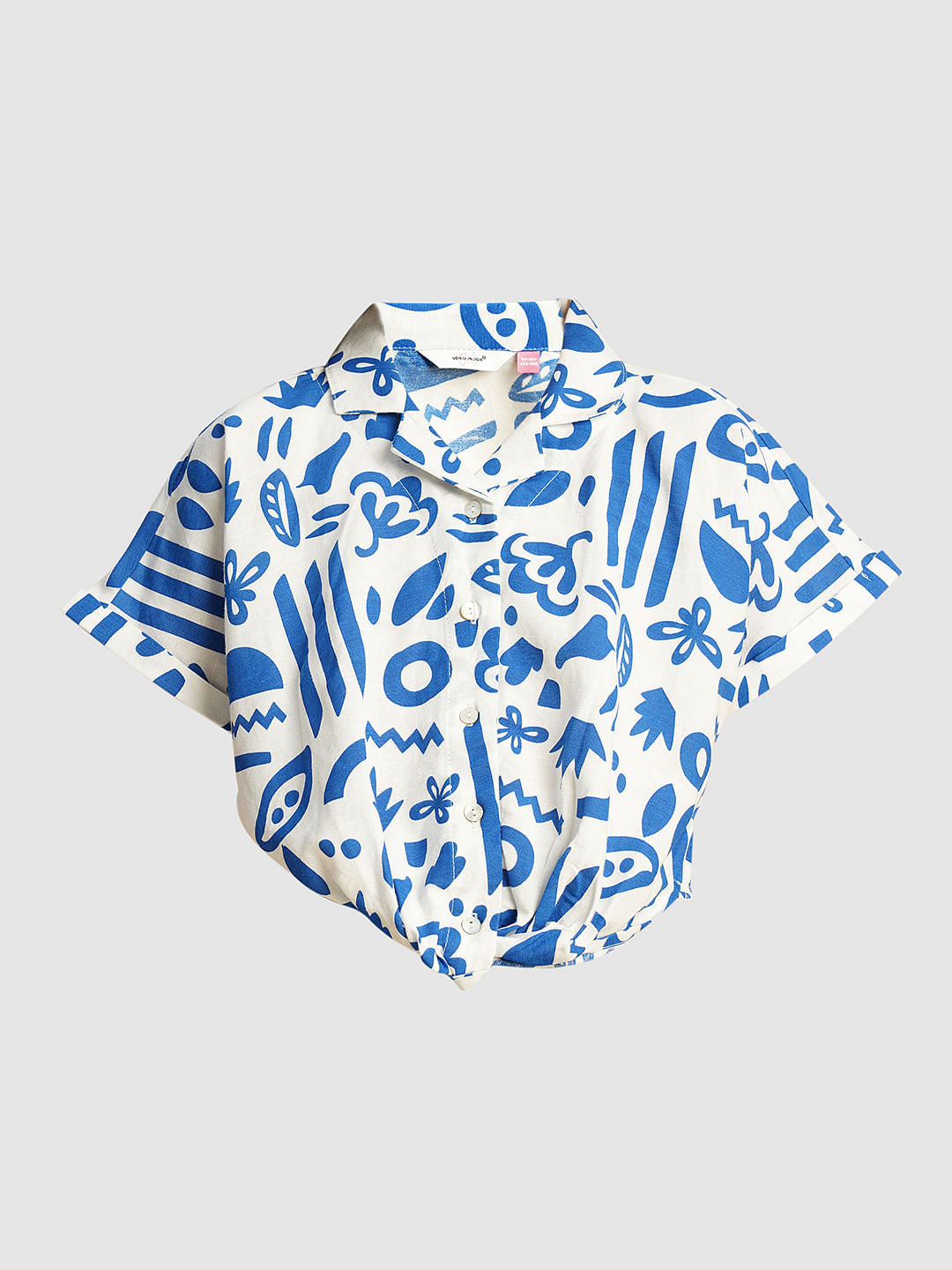 Girls Blue Printed Twisted Knot Shirt