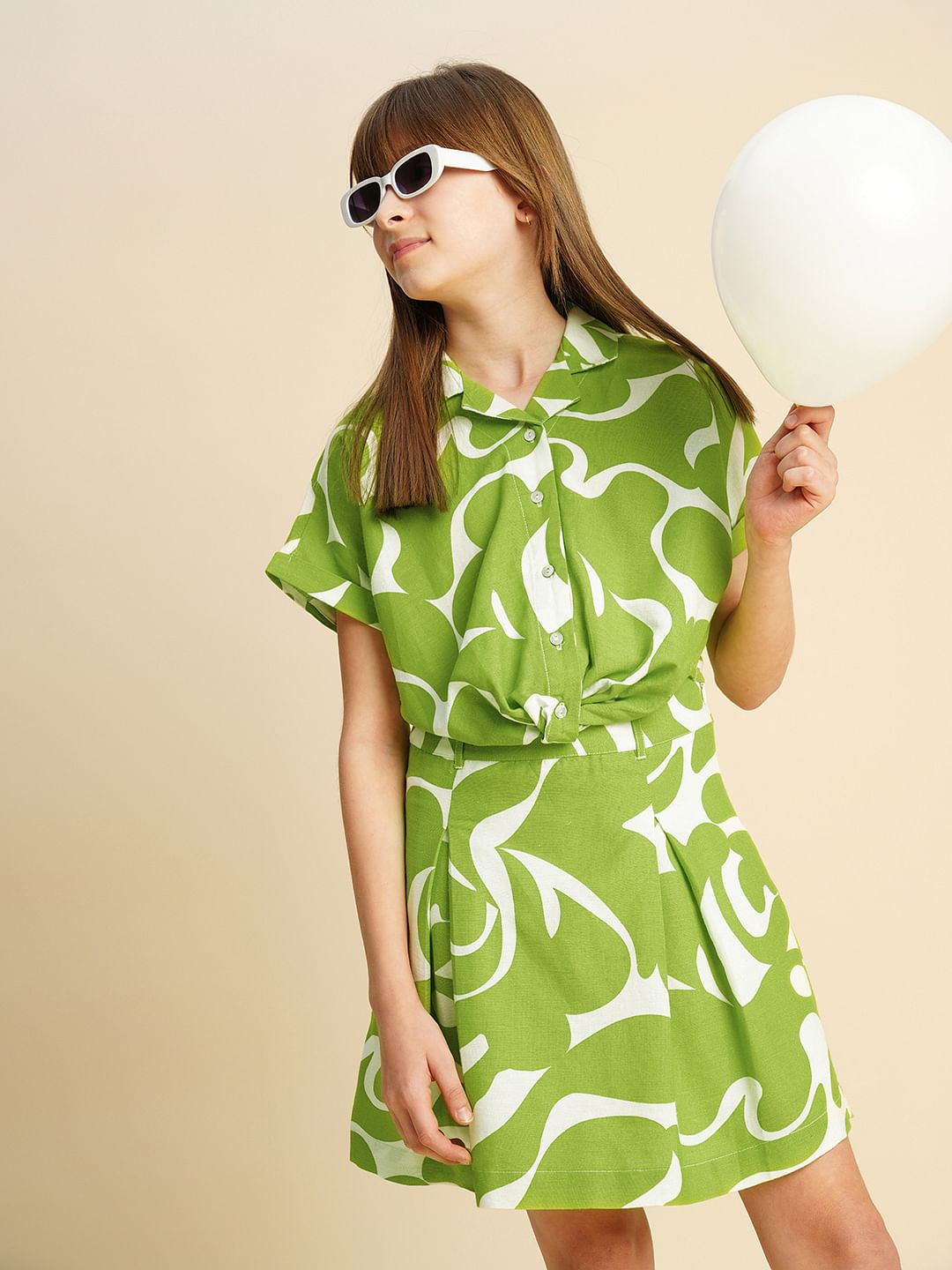 Girls Green Printed Twisted Knot Shirt