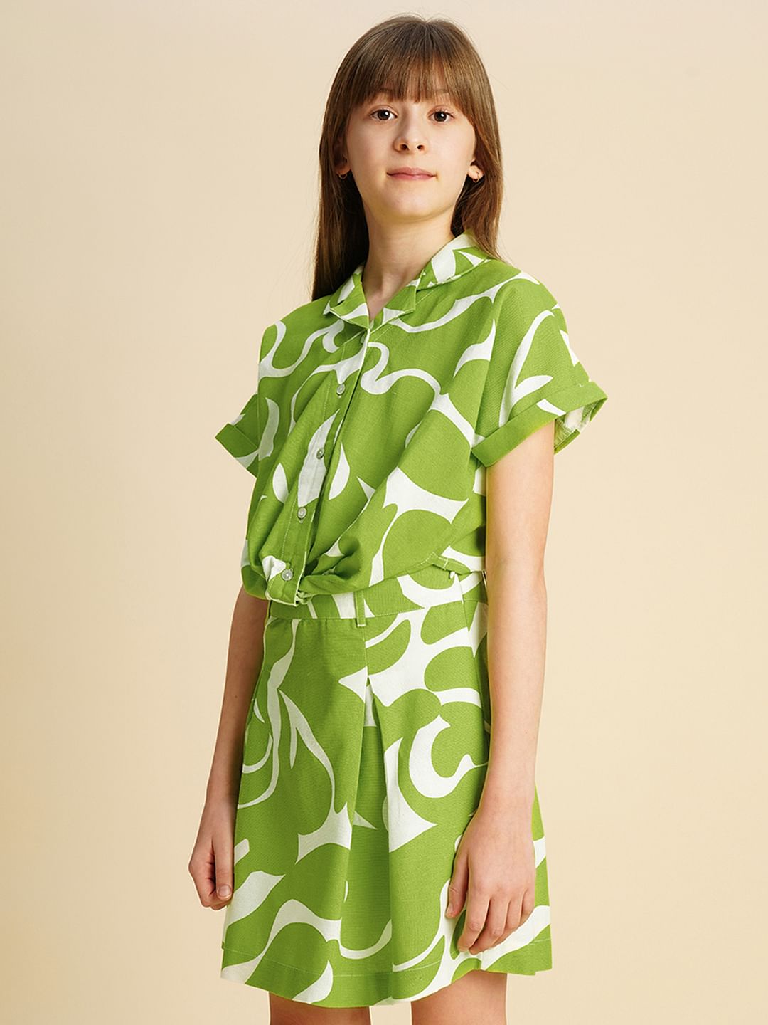 Girls Green Printed Twisted Knot Shirt