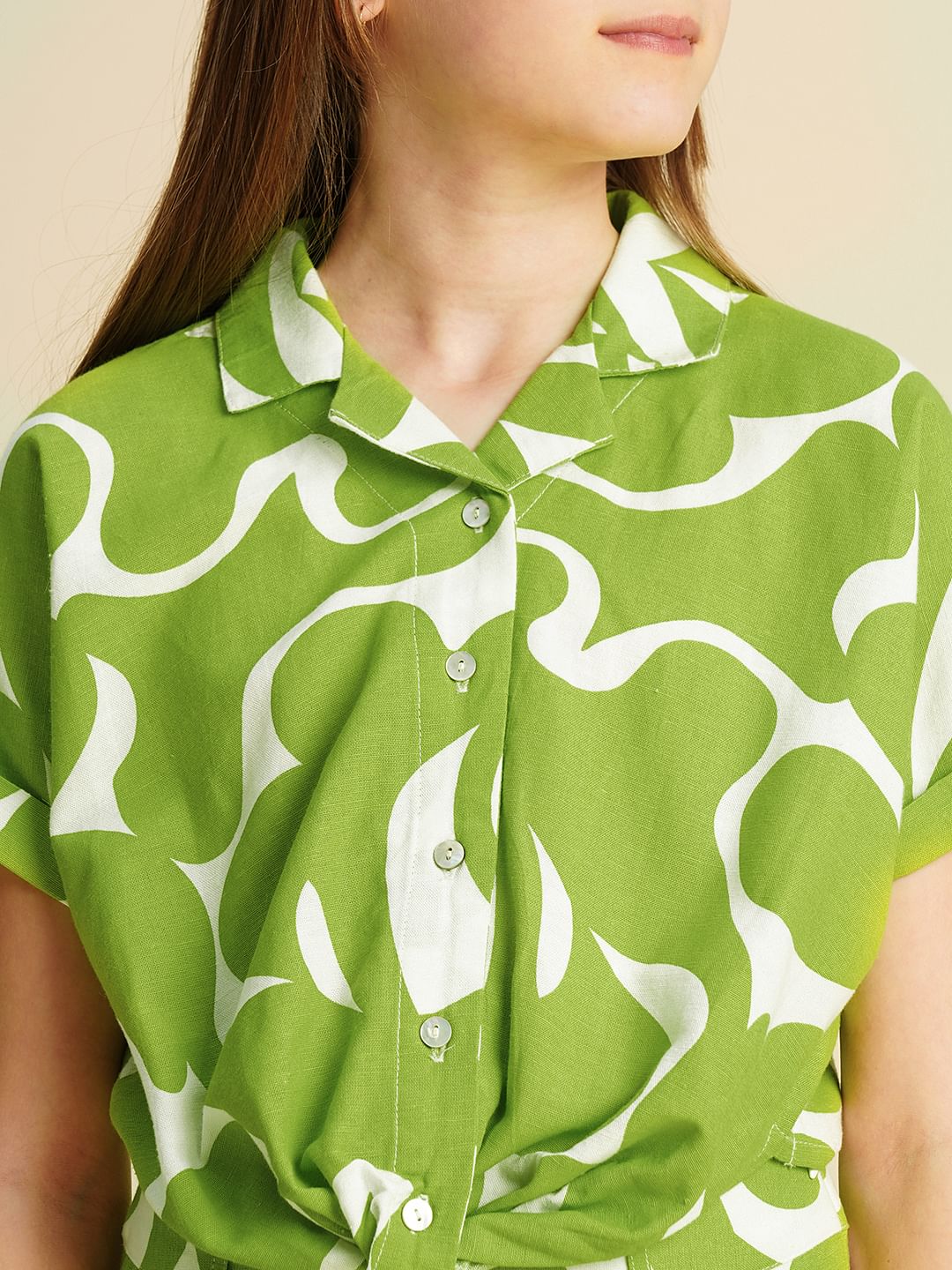 Girls Green Printed Twisted Knot Shirt