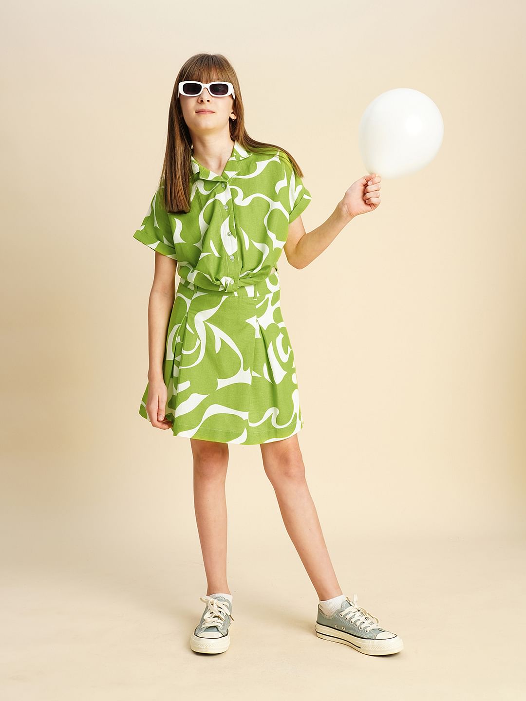 Girls Green Printed Twisted Knot Shirt
