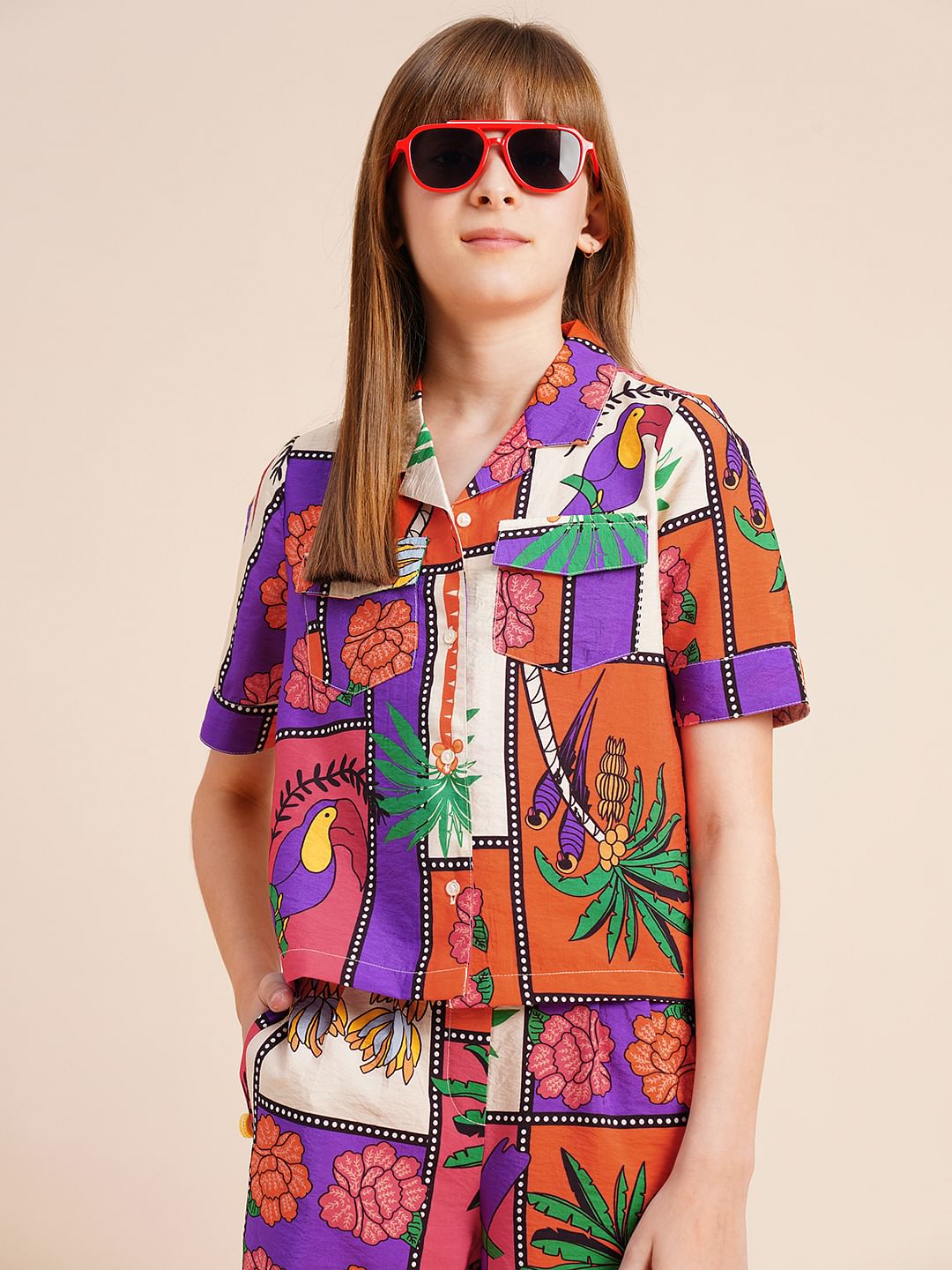 Girls Purple Printed Co-Ord Set Shirt