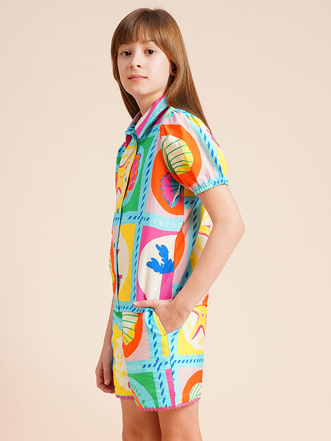 Girls Multi-Colour Printed Co-Ord Set Shirt