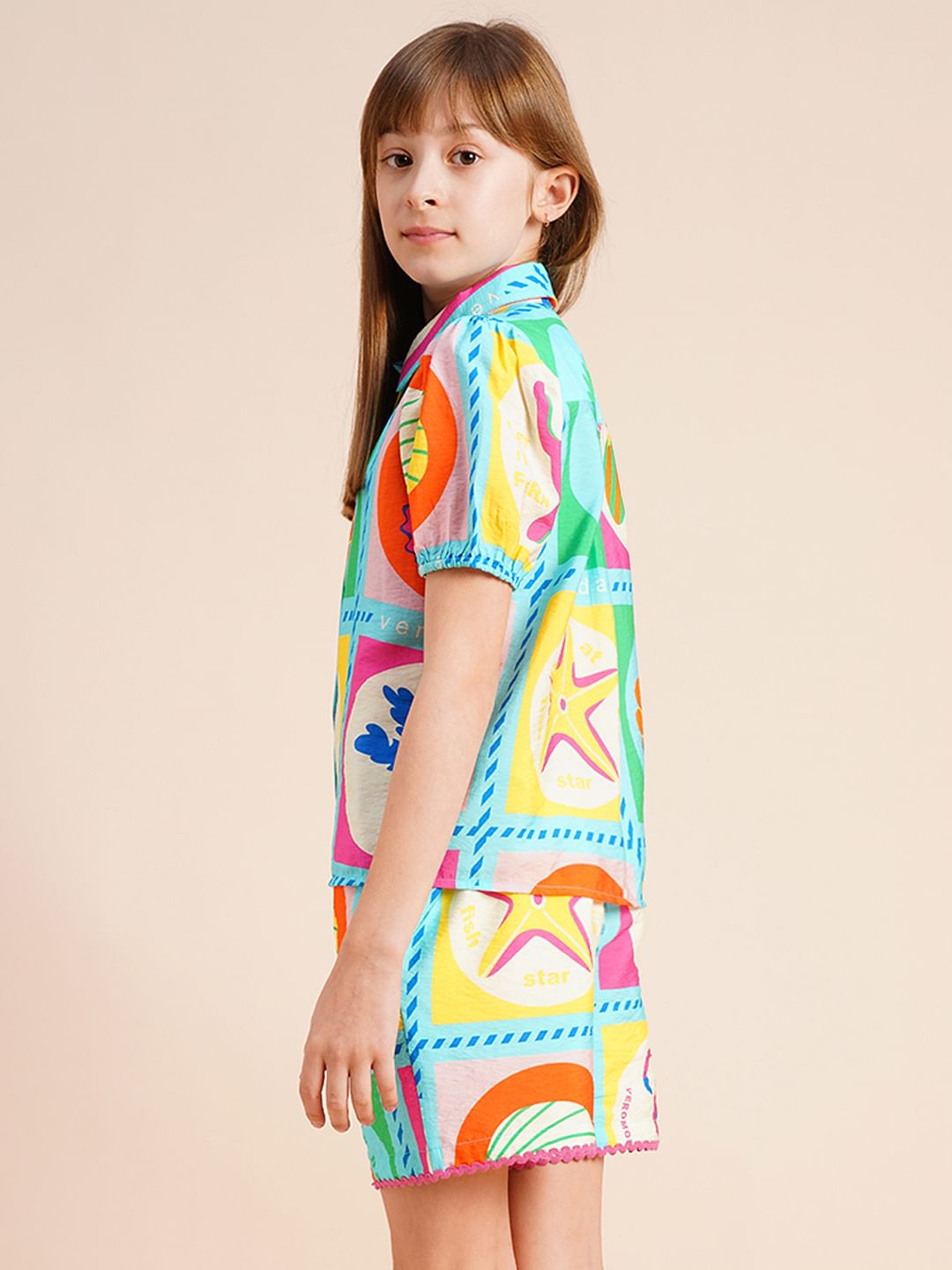 Girls Multi-Colour Printed Co-Ord Set Shirt