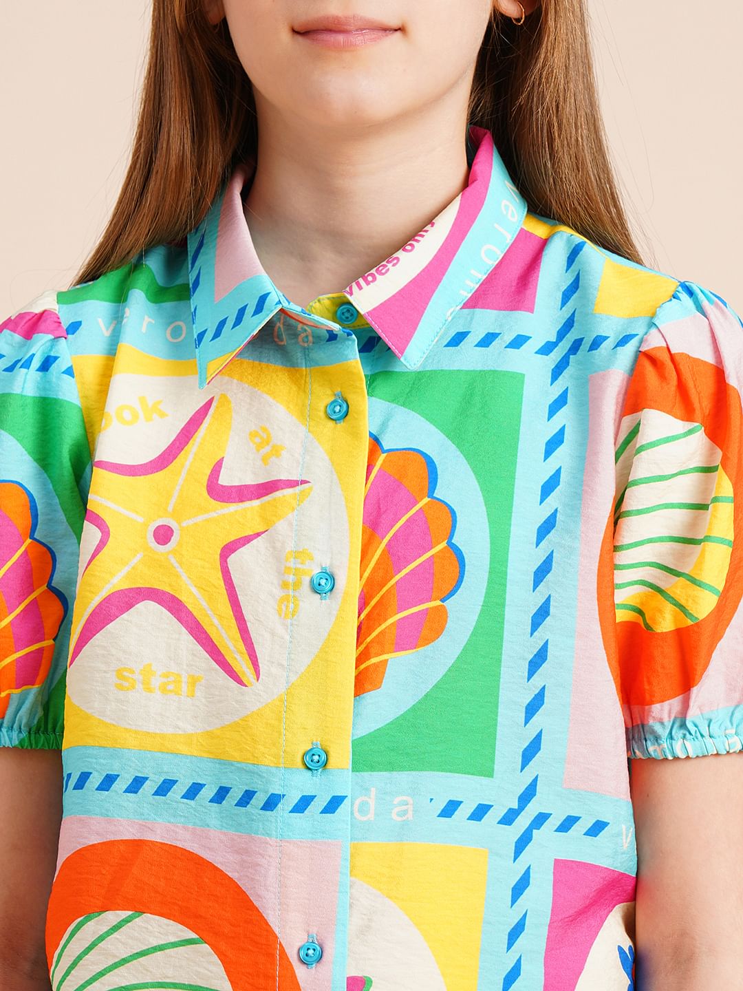 Girls Multi-Colour Printed Co-Ord Set Shirt