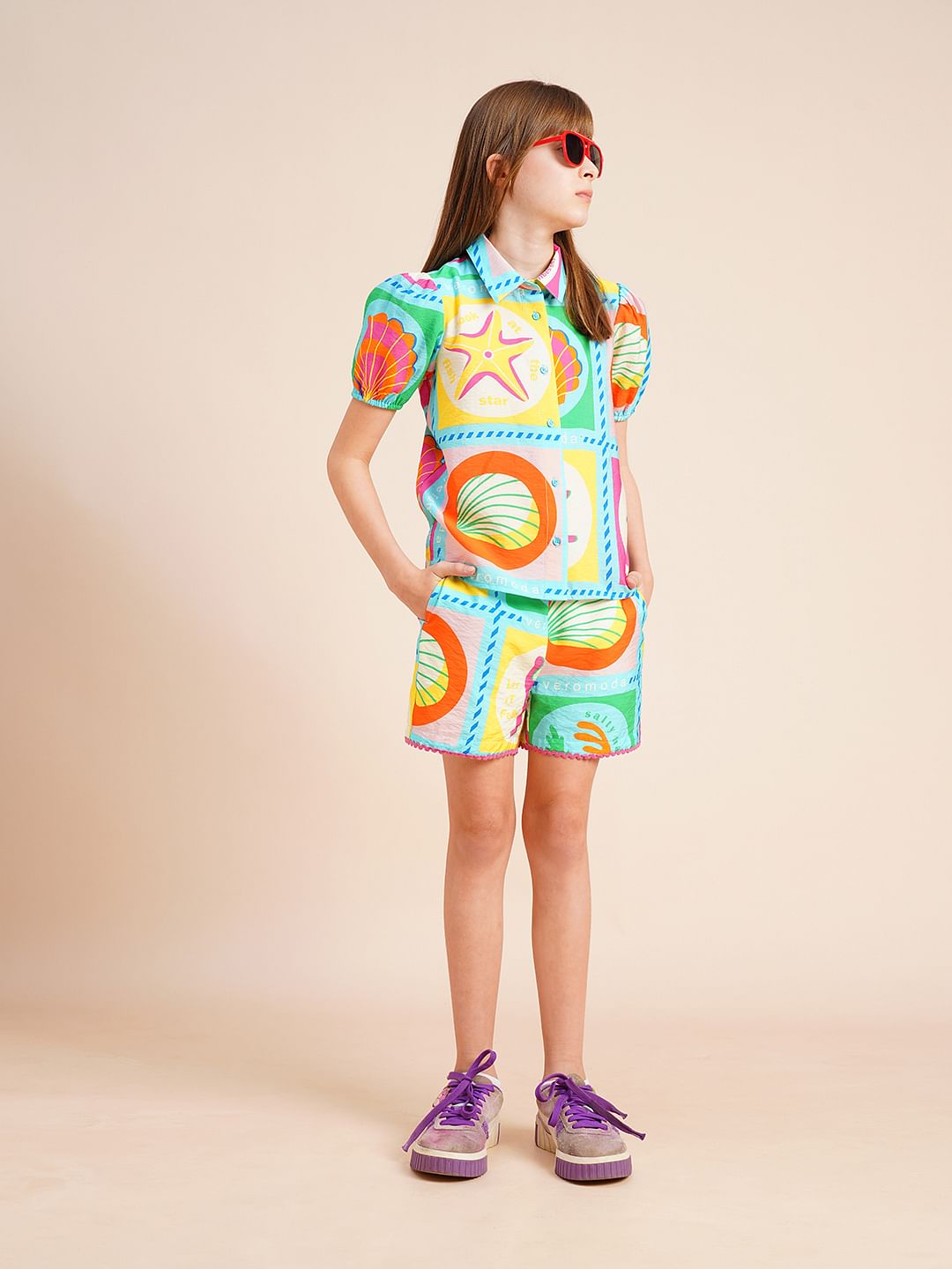 Girls Multi-Colour Printed Co-Ord Set Shirt