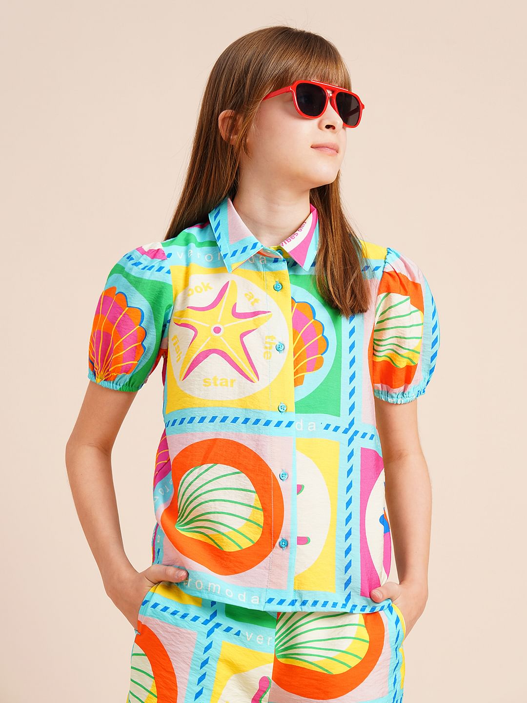 Girls Multi-Colour Printed Co-Ord Set Shirt
