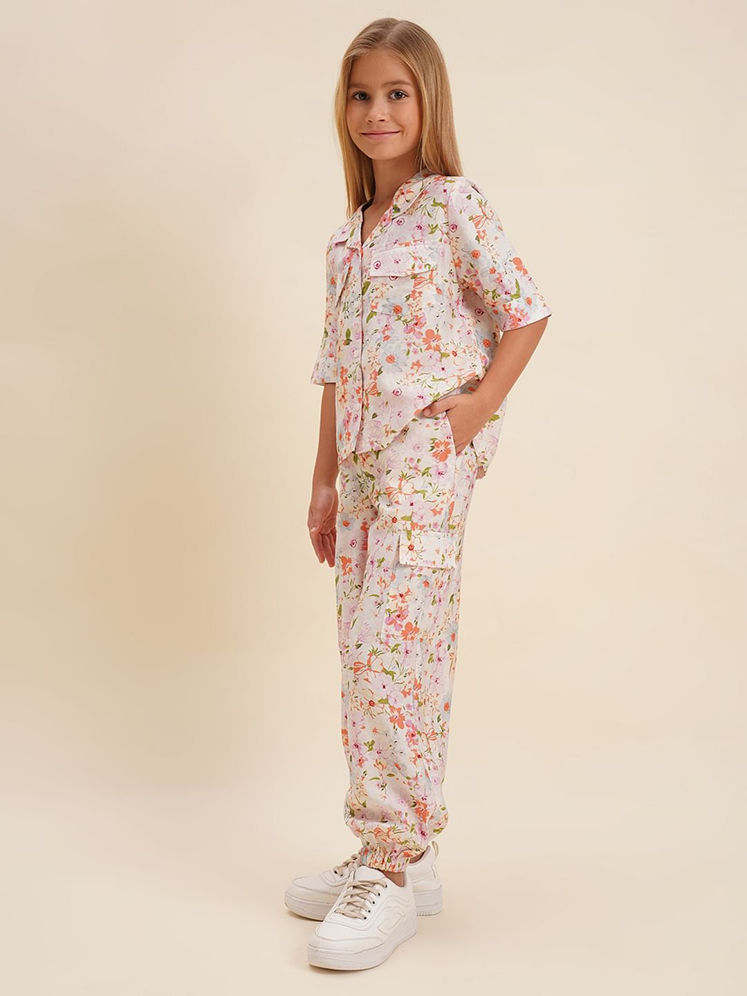 Girls White Floral Co-Ord Set Shirt
