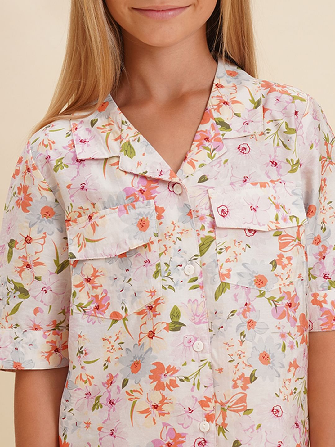 Girls White Floral Co-Ord Set Shirt