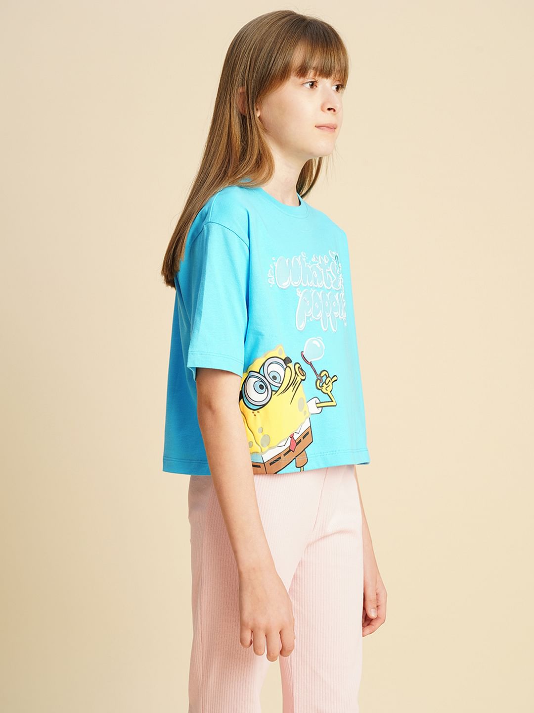 Girls Blue Spongebob Print T-Shirt