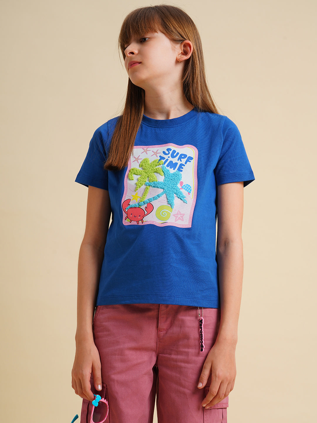 Girls Blue Cotton Printed T-Shirt