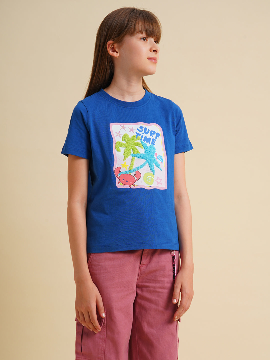 Girls Blue Cotton Printed T-Shirt