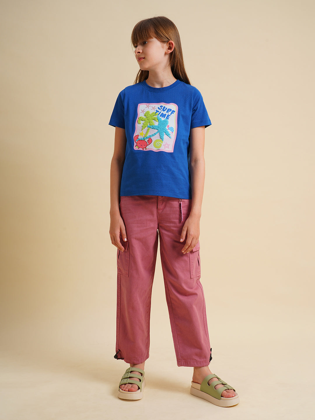 Girls Blue Cotton Printed T-Shirt