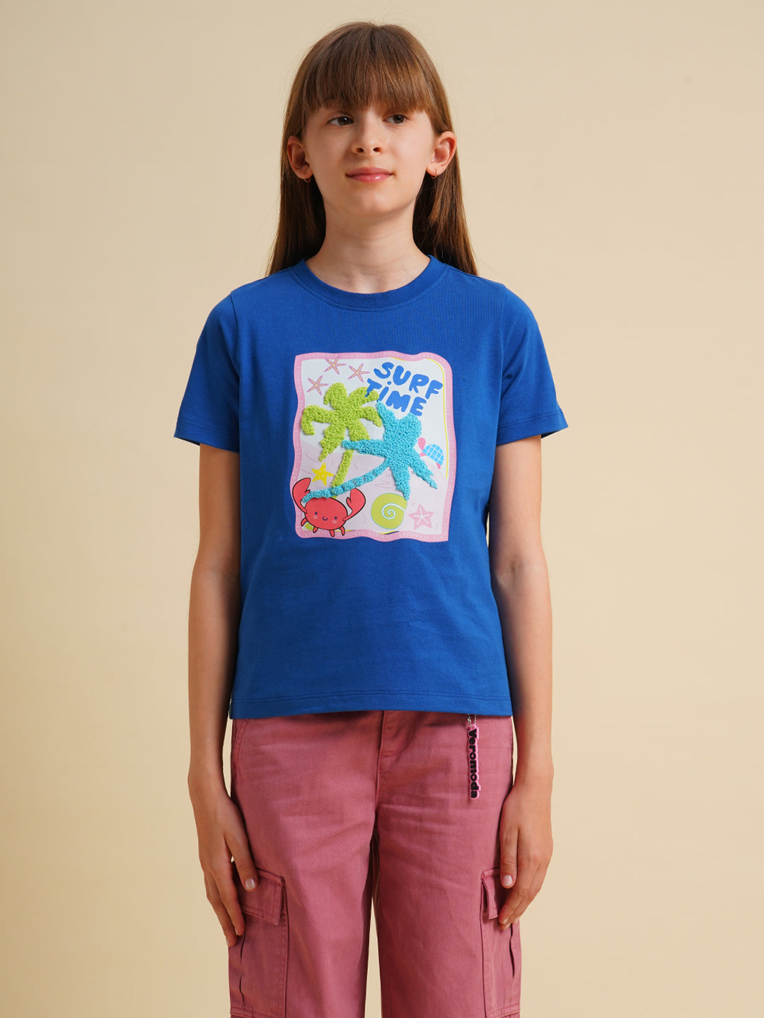 Girls Blue Cotton Printed T-Shirt