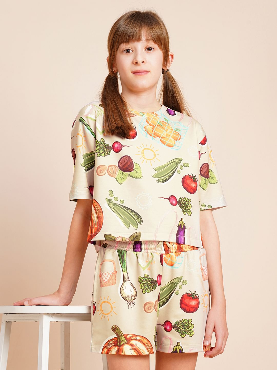 Girls Beige Veggies Print Co-Ord Set T-Shirt