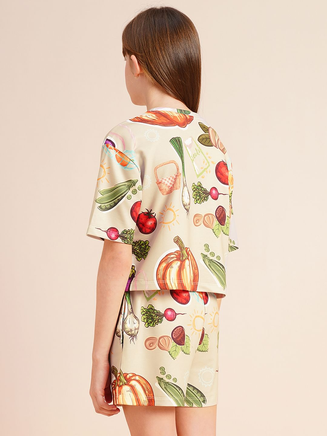 Girls Beige Veggies Print Co-Ord Set T-Shirt