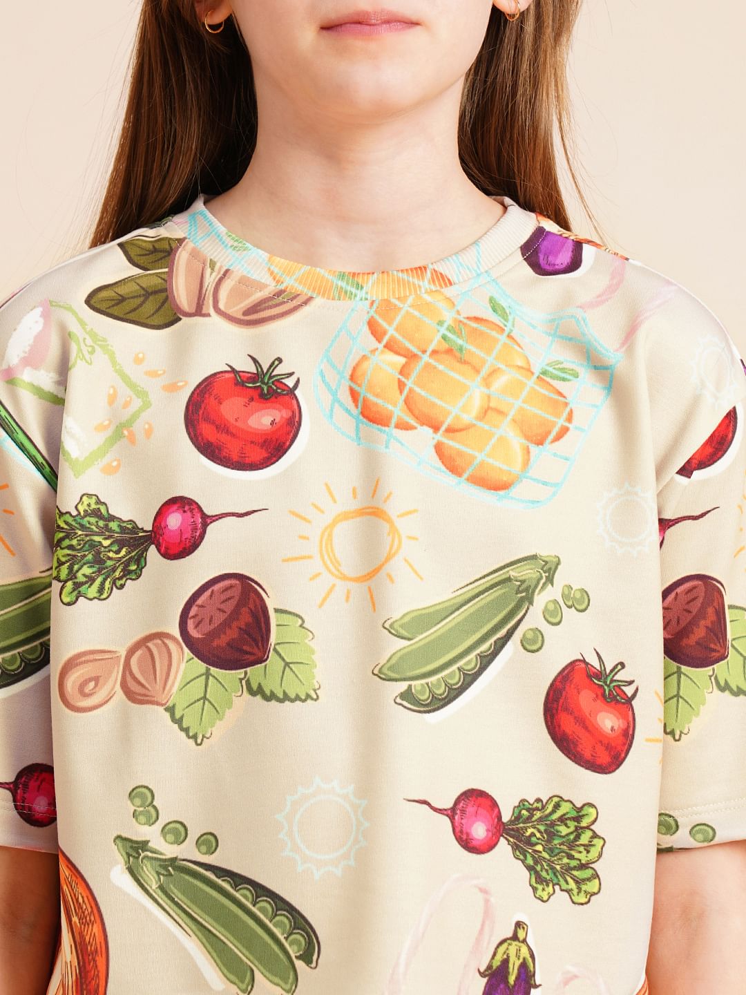 Girls Beige Veggies Print Co-Ord Set T-Shirt