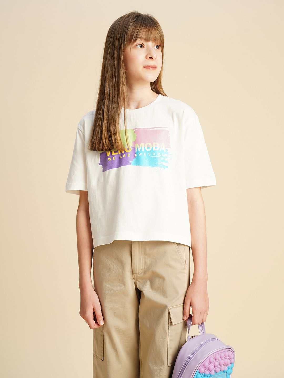 Girls White Logo Text Print T-Shirt