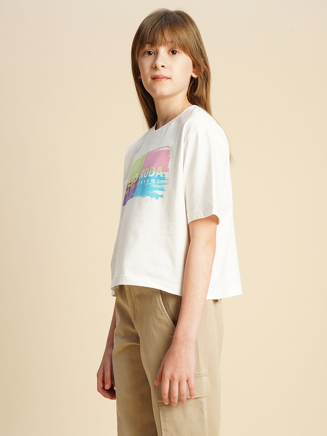 Girls White Logo Text Print T-Shirt