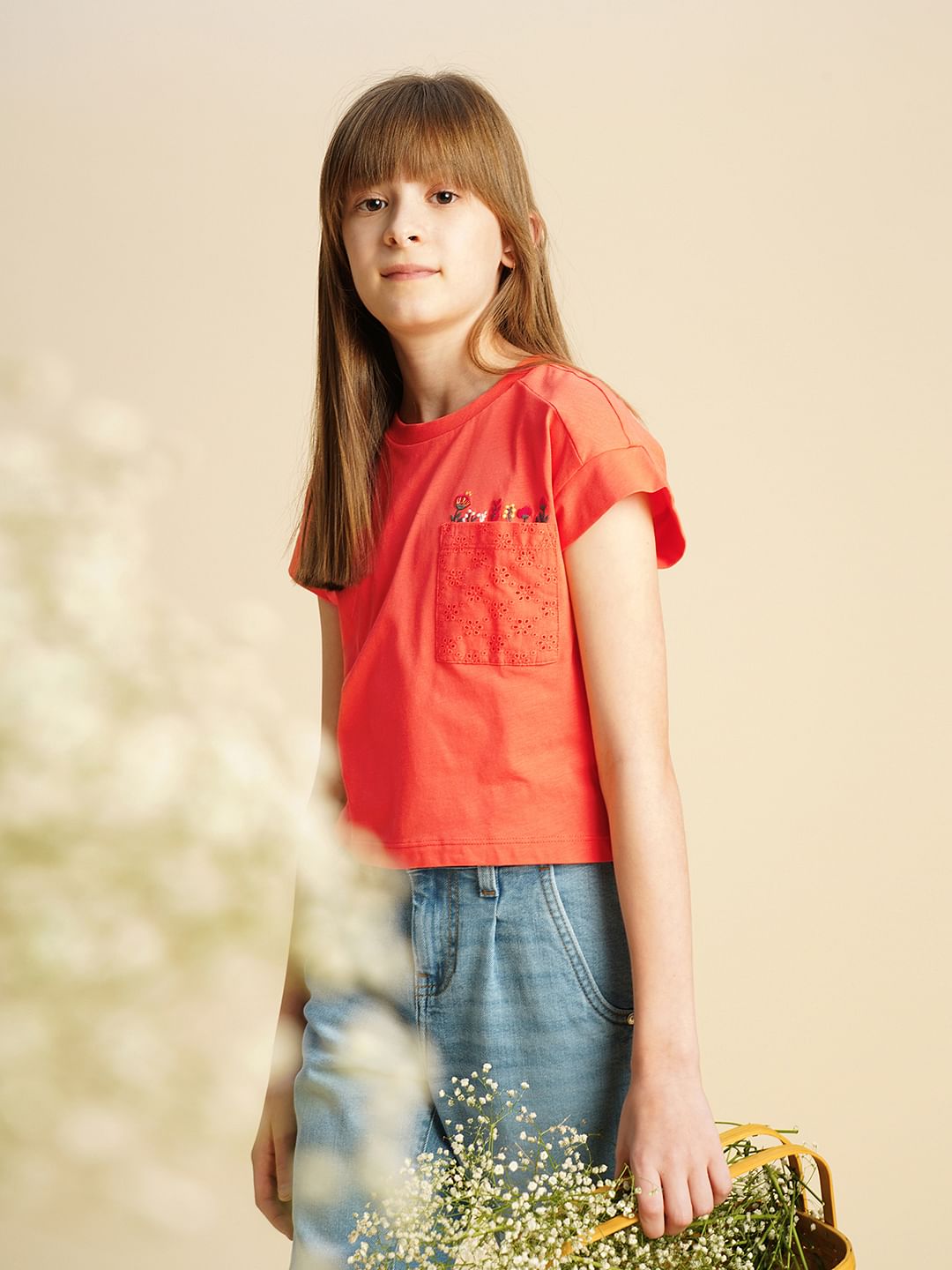 Girls Orange Embroidered Pocket T-Shirt