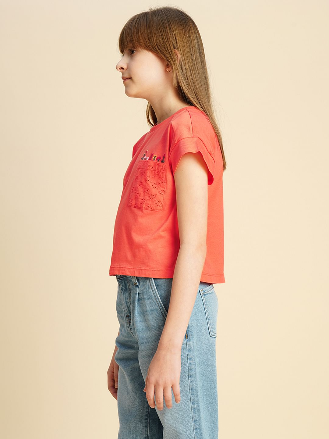 Girls Orange Embroidered Pocket T-Shirt