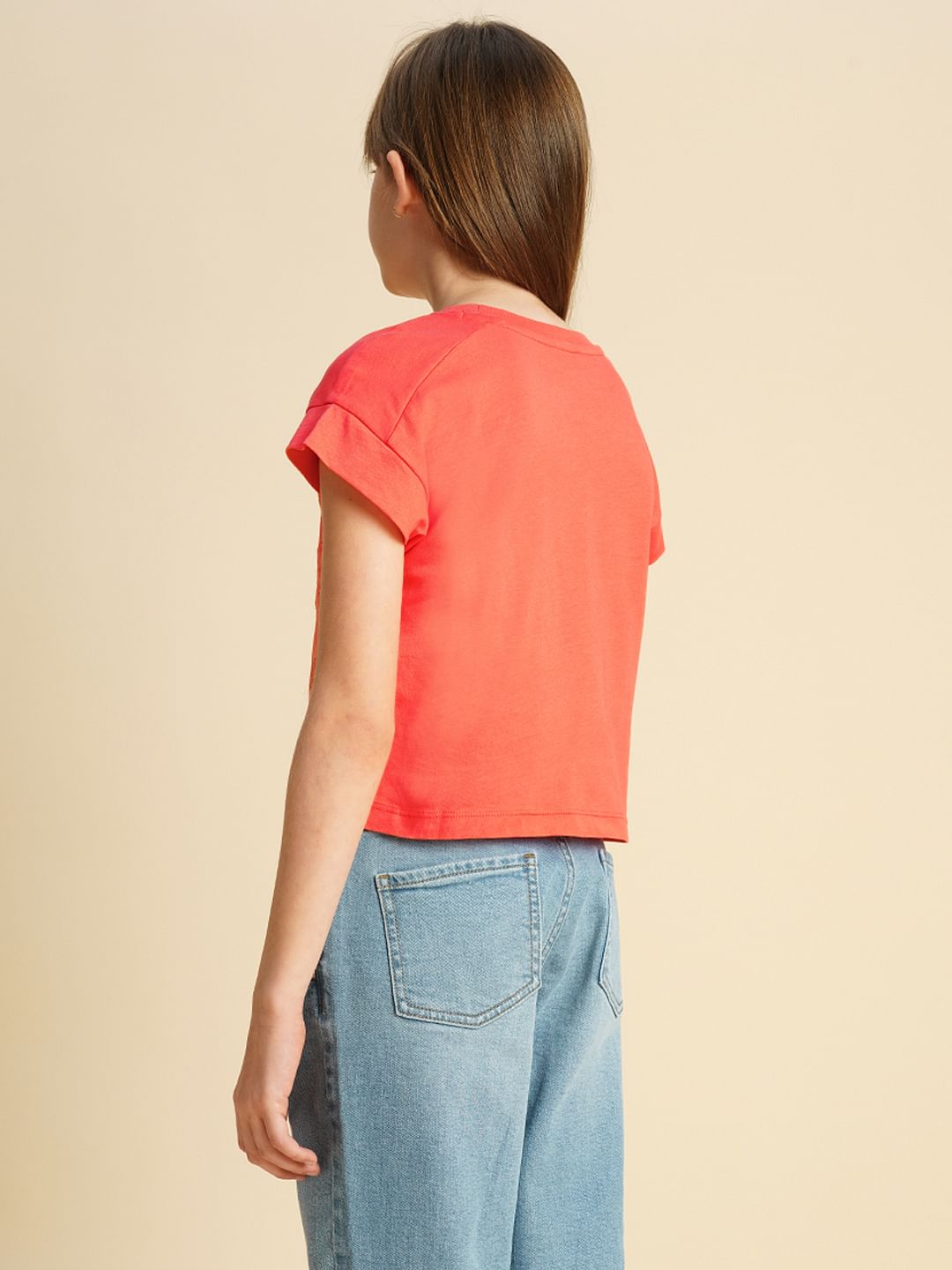 Girls Orange Embroidered Pocket T-Shirt