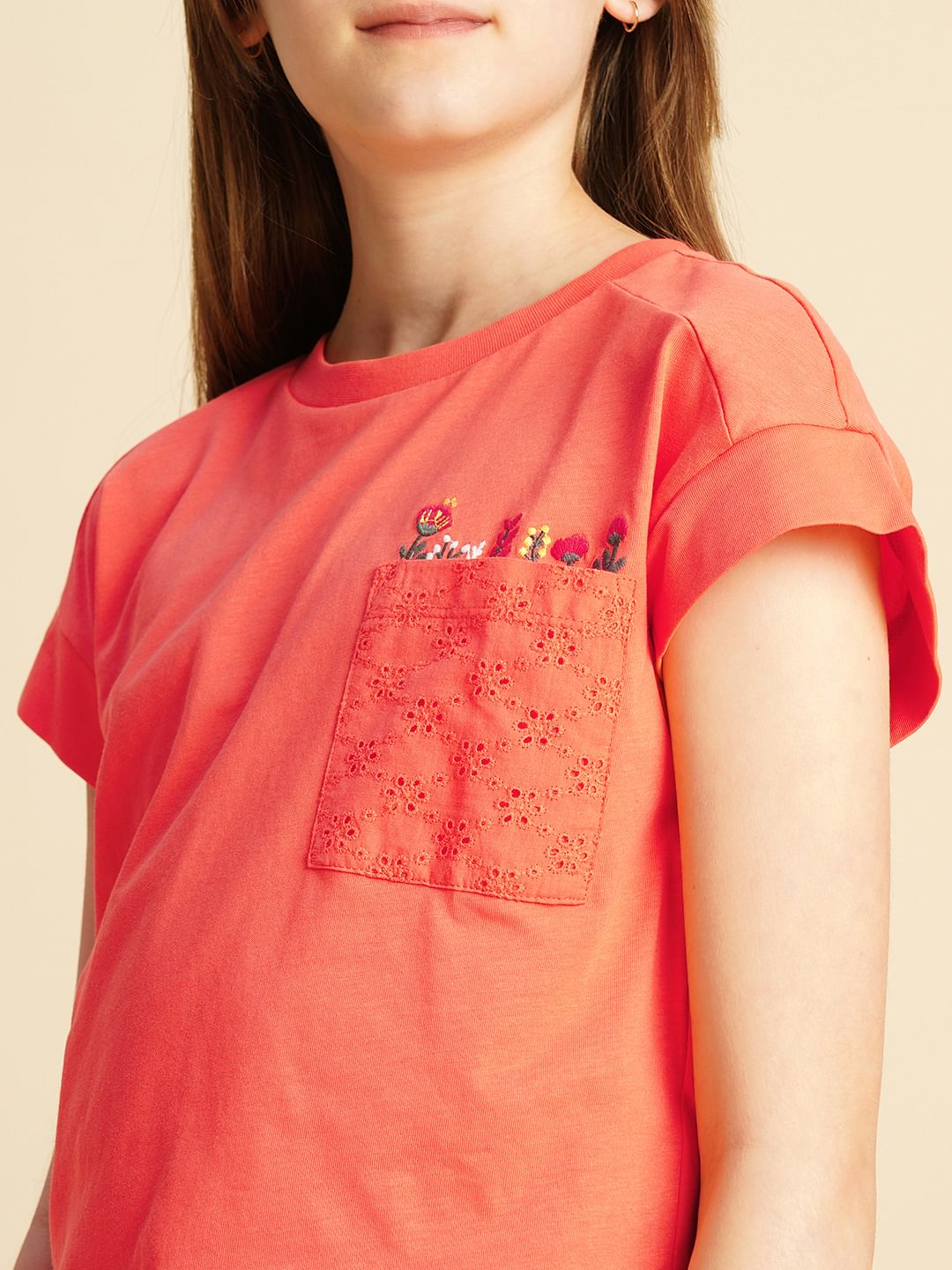 Girls Orange Embroidered Pocket T-Shirt
